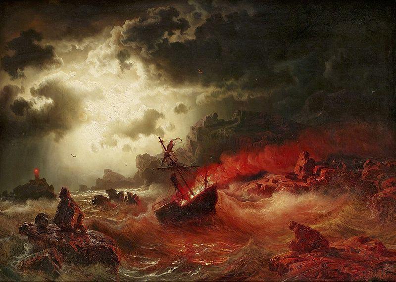 marcus larson Nattlig marin med brinnande fartyg oil painting picture